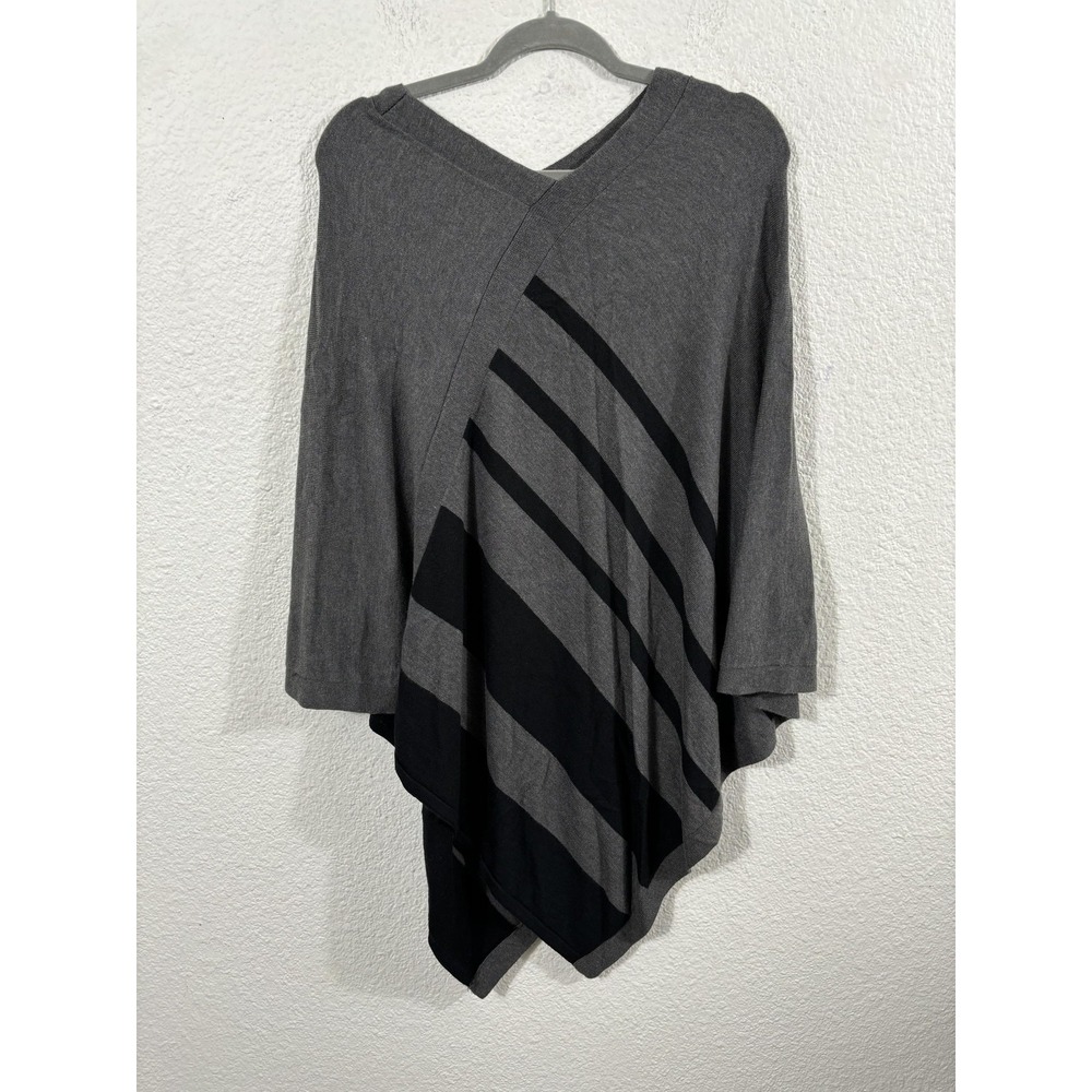 The Limited Sweater Poncho Womens M/L Gray Black Asymmetrical‎ Stripe Knit